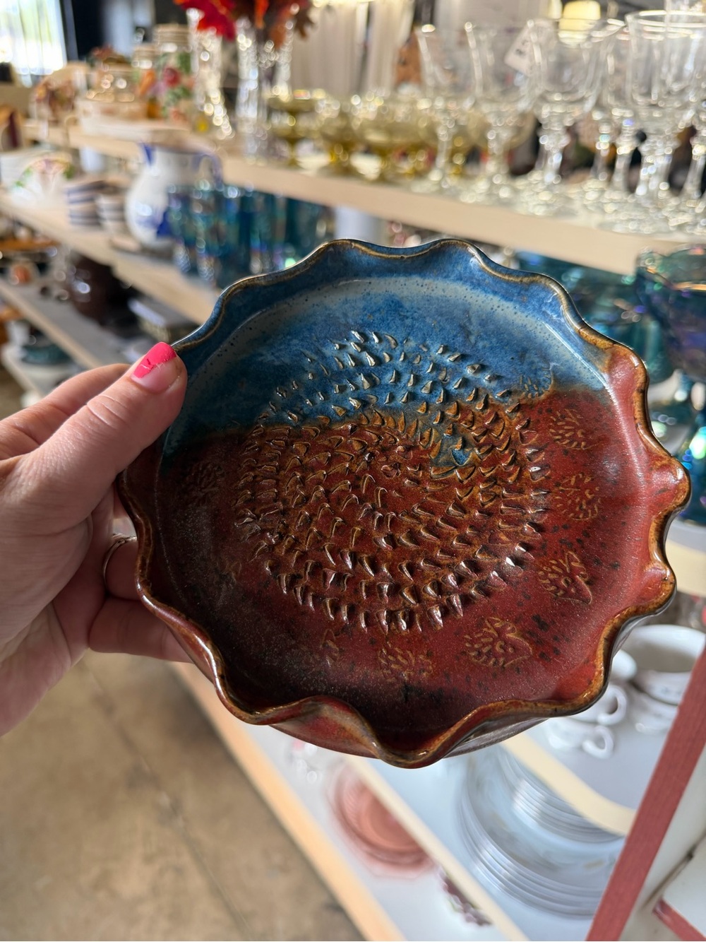 Handmade large Blue and Red Ceramic garlic/ginger grater